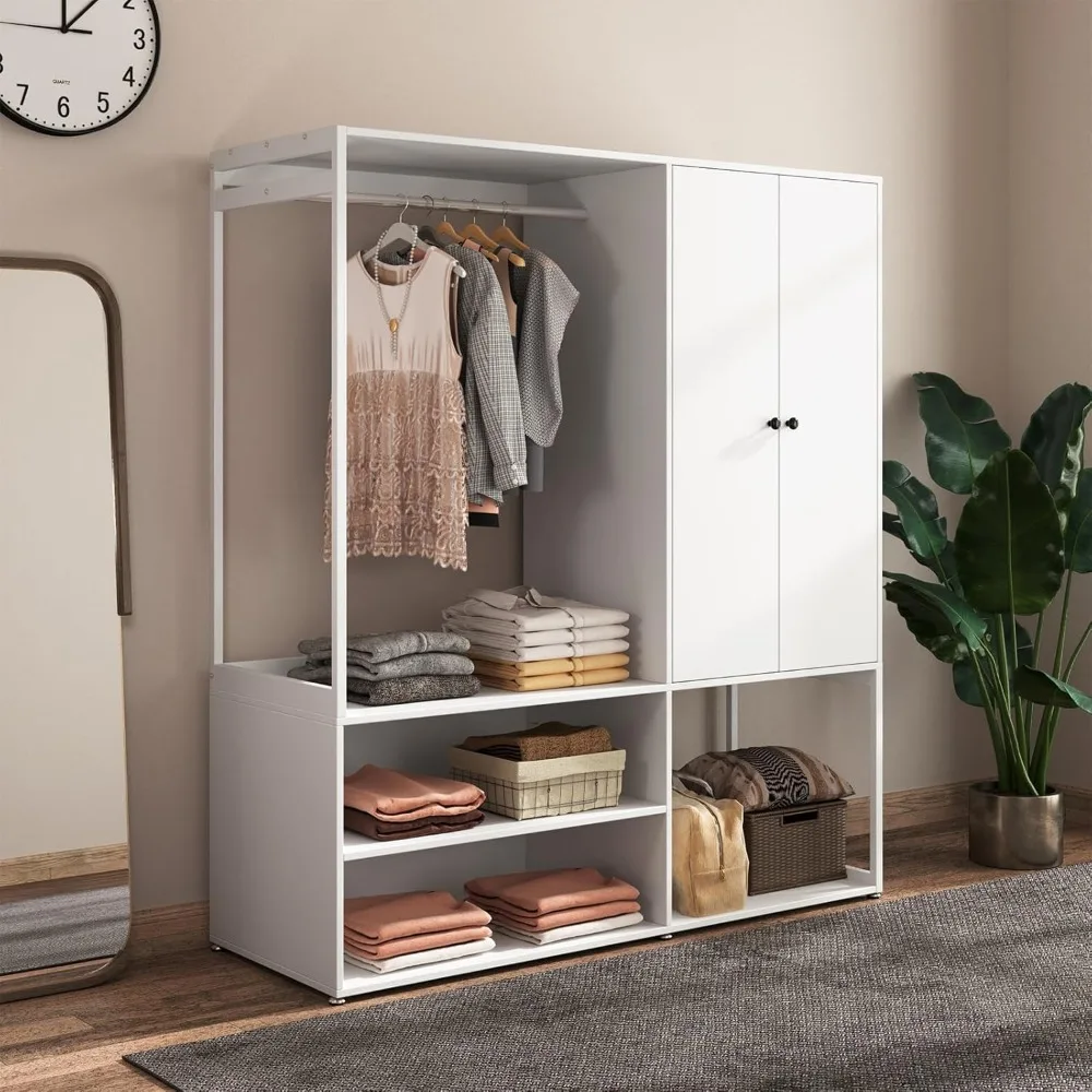 

Clothes Closet, White Cabinet with Shelves, 55 L x 63 H x 20 D Wardrobe Clothing Storage with Hanging Rod for Bedroom,