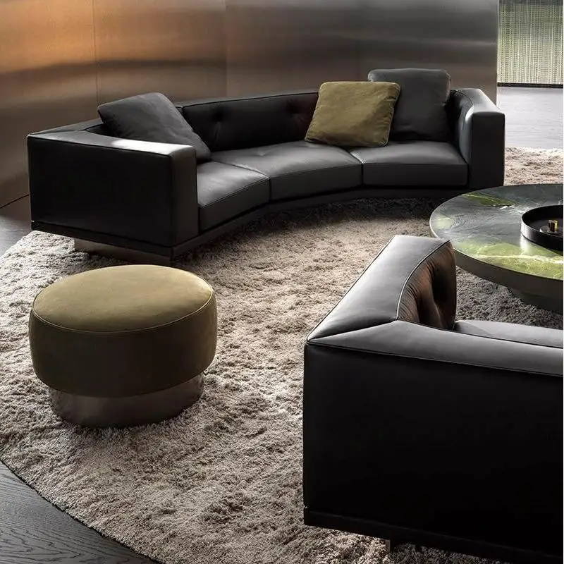 Italian Minimalism Black Genuine Leather Reclining Upholstered Sectional Sofa Set Home Furniture Luxury Living Room Hotel Villa