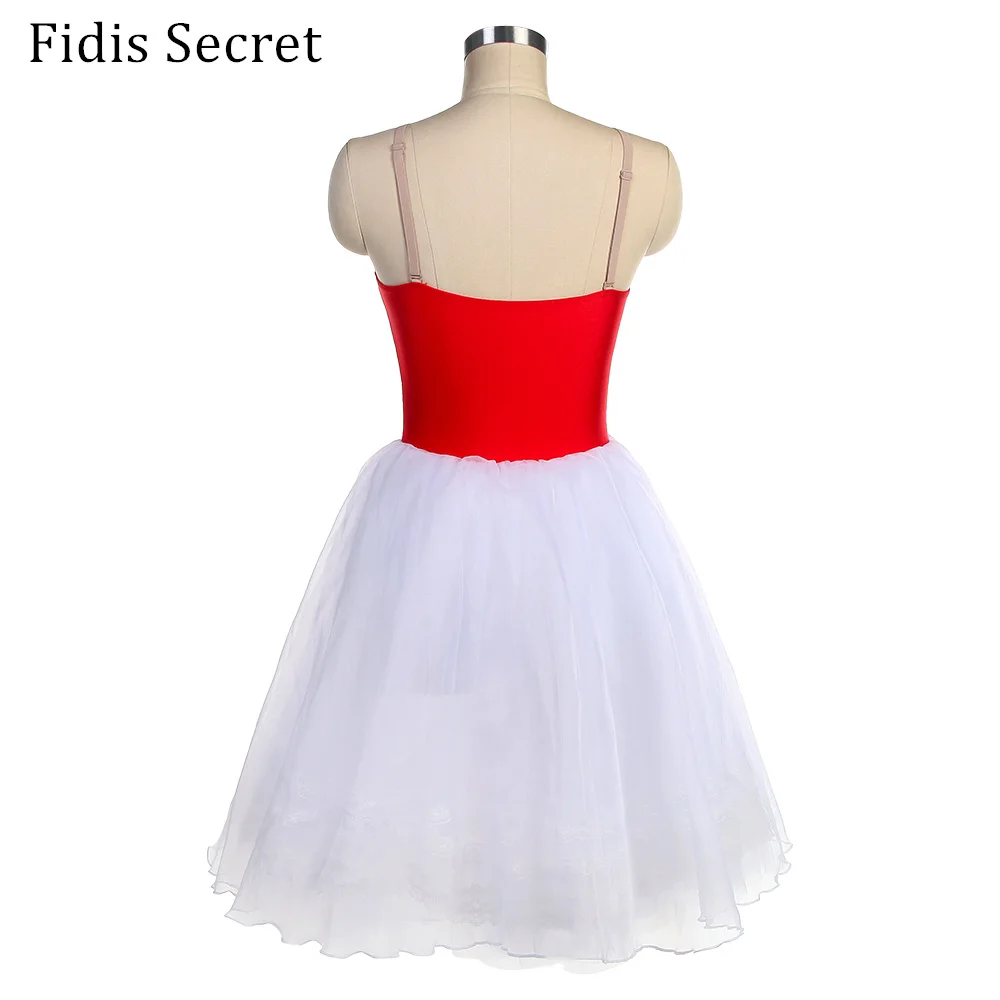 Girls Camisole Red Top Bodice Ballet Leotard Dress w/ White Romantic Long Tutu,Ballerina Stage Performance Dancing Costumes