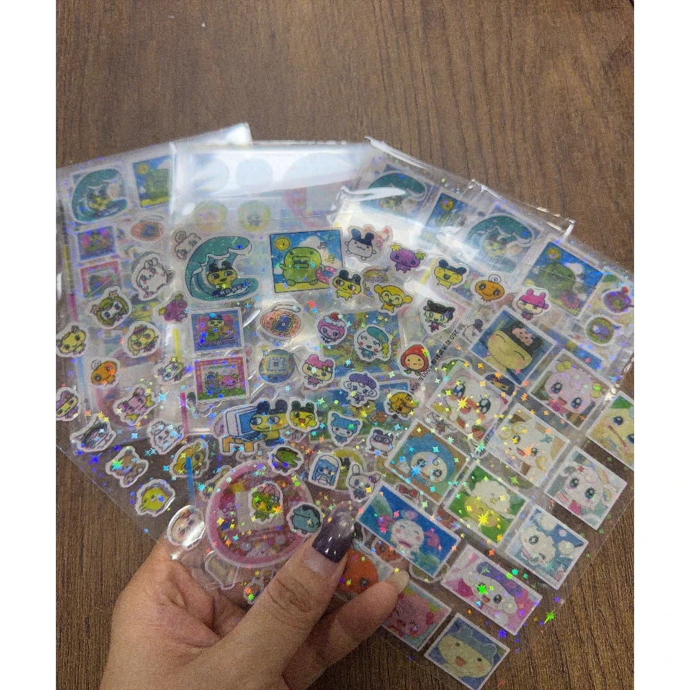 4/10PCS Cute Cartoon Double-sided Transparent Sticker, Cartoon Pixel Laser Cutting Film Sticker, Manual Cup Phone Case Sticker K