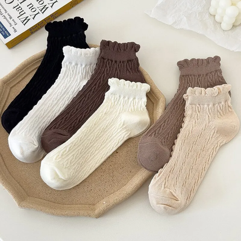 6 Pairs Women's Lace Socks Solid Color Sweet Fried Dough Twists Low Tube Socks Japanese JK College Style Korean Socks