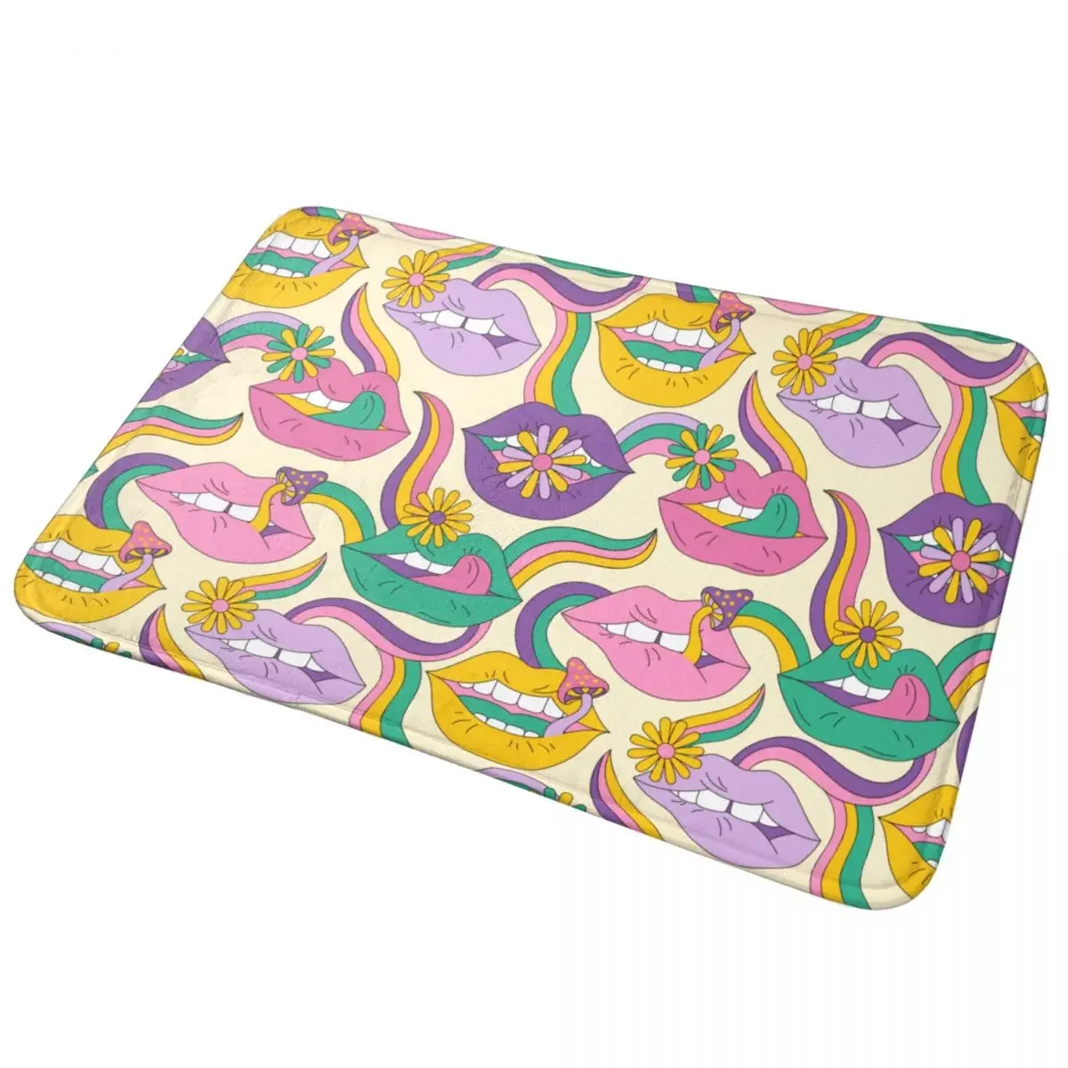 Psychedelic Sensual Lips Flowers Mushrooms Bath Mat Super Absorbent Doormat Non Slip 70s 80s Retro Hippie Style Rugs for Tub