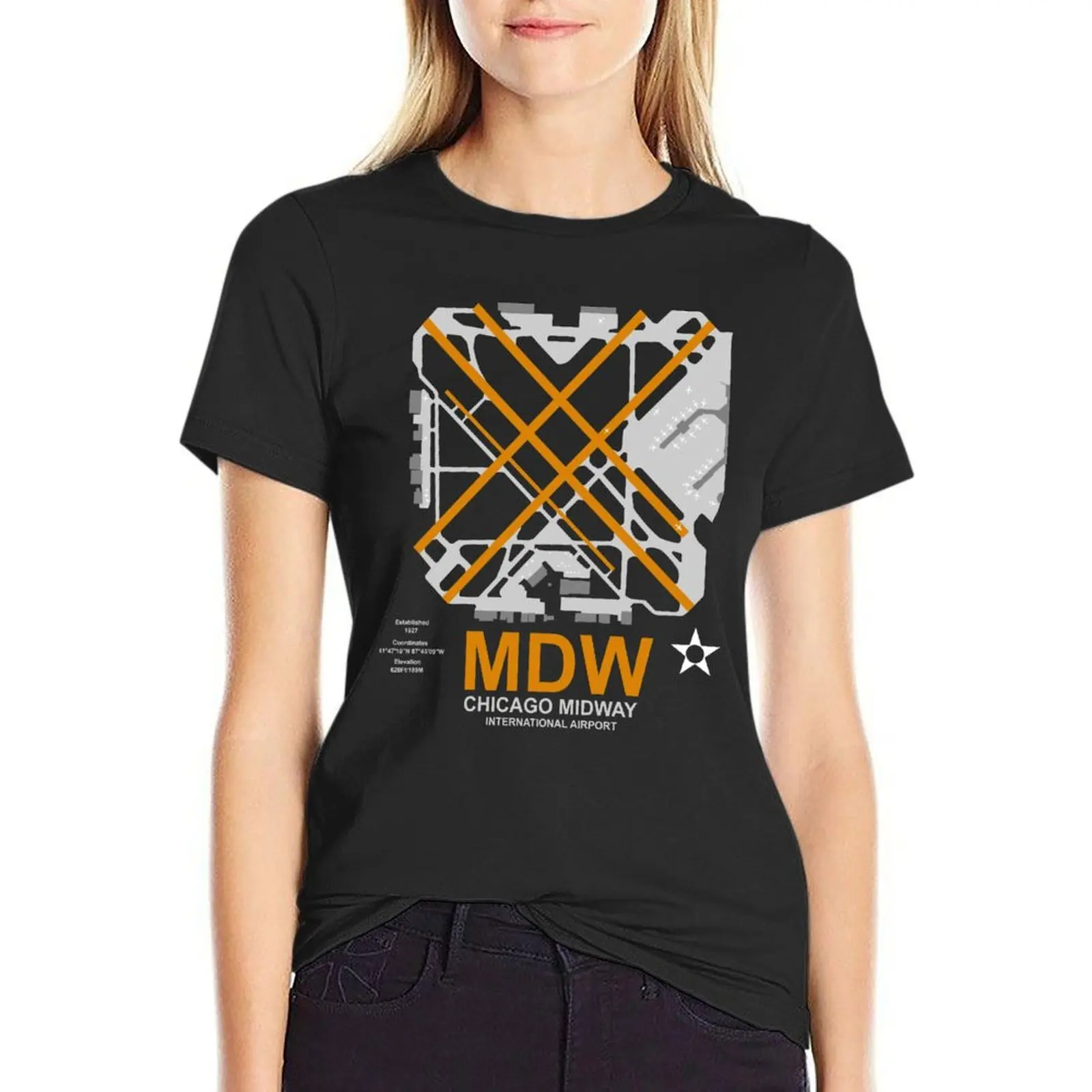 

MDW Chicago Midway Airport Layout Art T-Shirt animal prinfor summer clothes T-shirts for Women