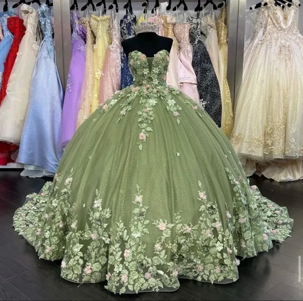 

Lace Green Quinceanera Dresses Sweet 16 Birthday Party Gowns Applique Ruffles Prom Dress Masquerade Sweet 15 Years Birthday Gown