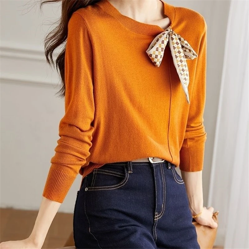 Musim Semi Baru Elegan Modis Chic Busur Syal Sutra Slim Pullover Pakaian Rajut Wanita Kasual Lengan Panjang Manis Sweater Atasan Pakaian Wanita