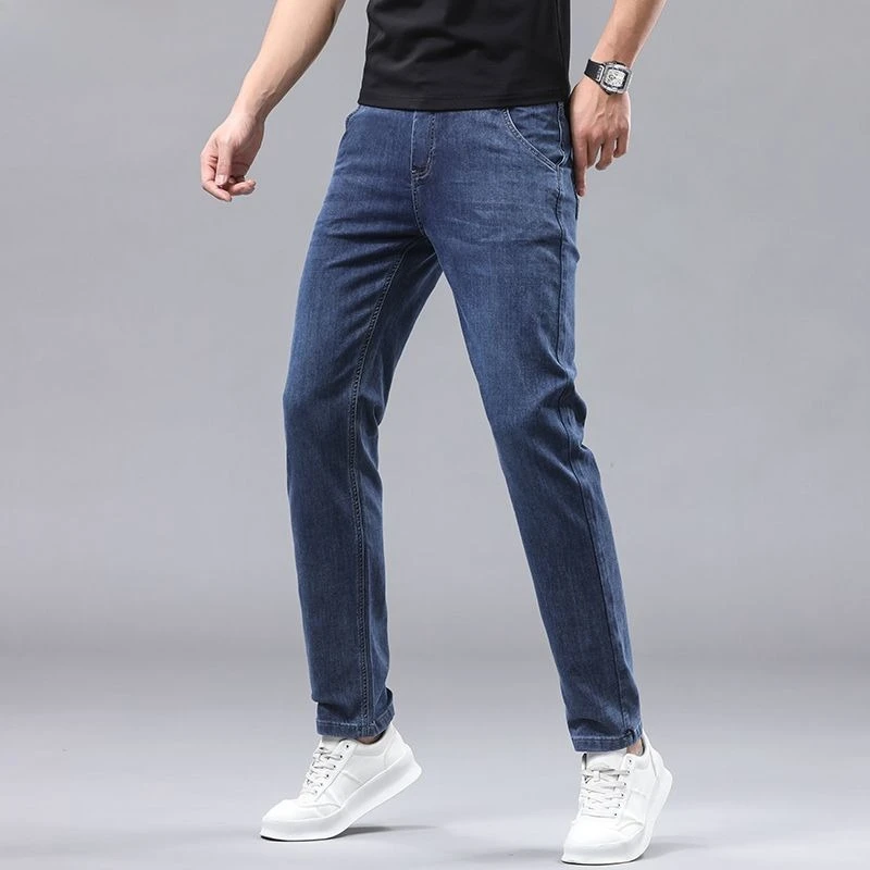 Moda masculina calças de brim retas novo estiramento fino ajuste calças confortáveis macio negócios denim calças masculinas roupas marca