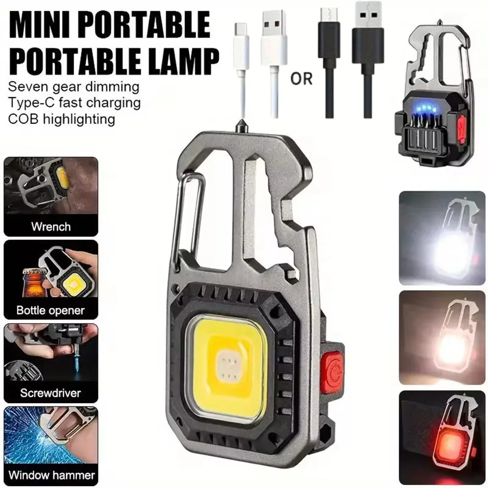 Portable LED Keychain Mini Flashlight Rechargeable Work Light Safety Hammer Lamp Outdoor Camping Light Pocket Wrench Screwdriver