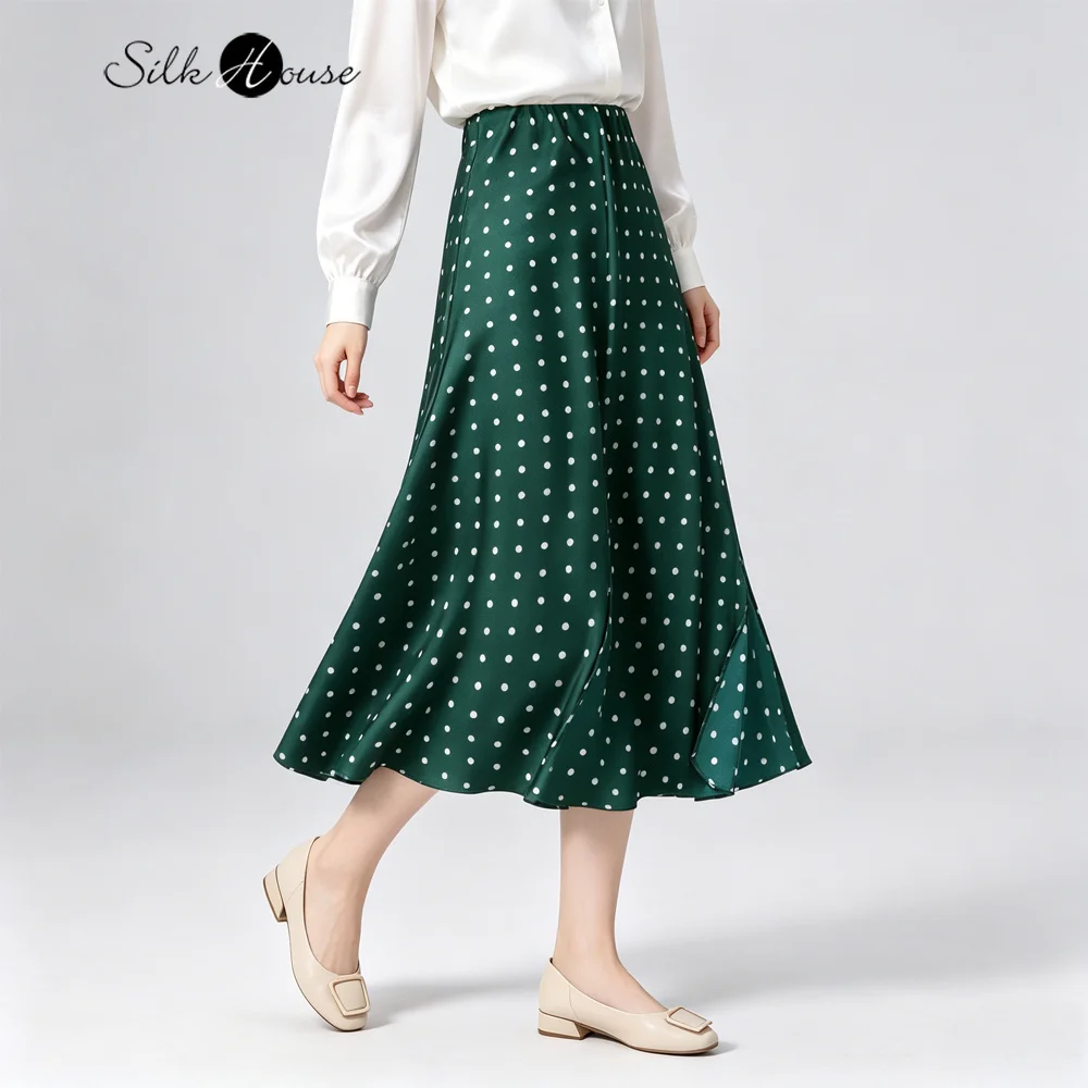 2026 Women's Fashion Summer New Emerald Green Wave Dot Slant Cut Gloss 93% Natural Mulberry Silk Elastic Satin Side Split Skirt