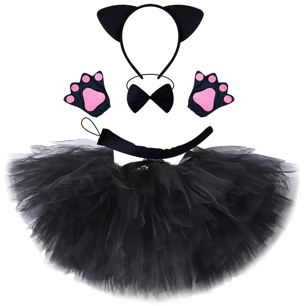 Solid Black Cat Tutu Skirt for Little Girls Kitten Fluffy Ballet Tutus with Ears Bowtie Tail Children Halloween Party Outfit