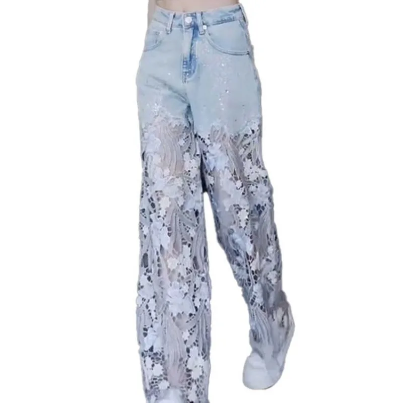 Kant patchwork jeans met rechte pijpen dames zomer kleine maat denim broek blauwe lange broek lente seizoen dames premium faion
