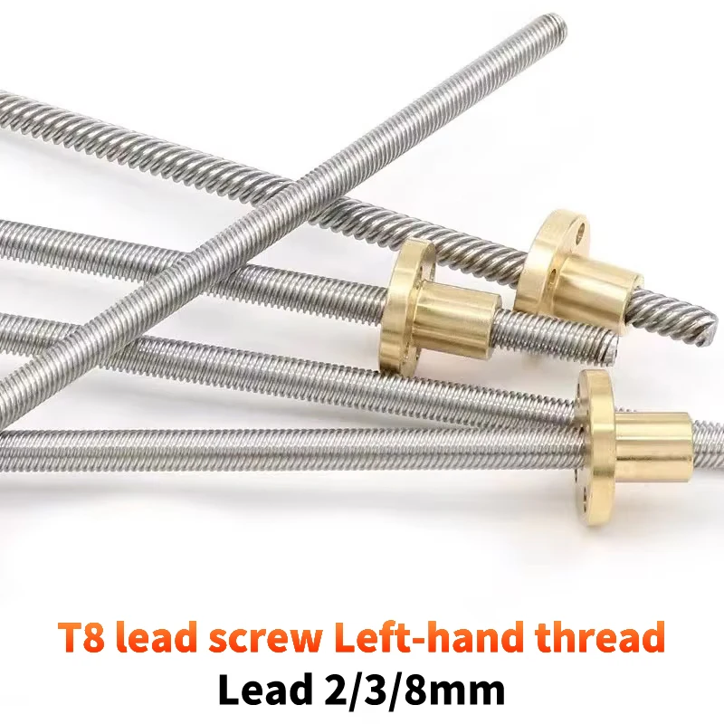 T8 lead screw Left-hand thread lead2/3/8mm 304 stainless steel T8 trapezoidal reverse left-hand screw and reverse copper nut