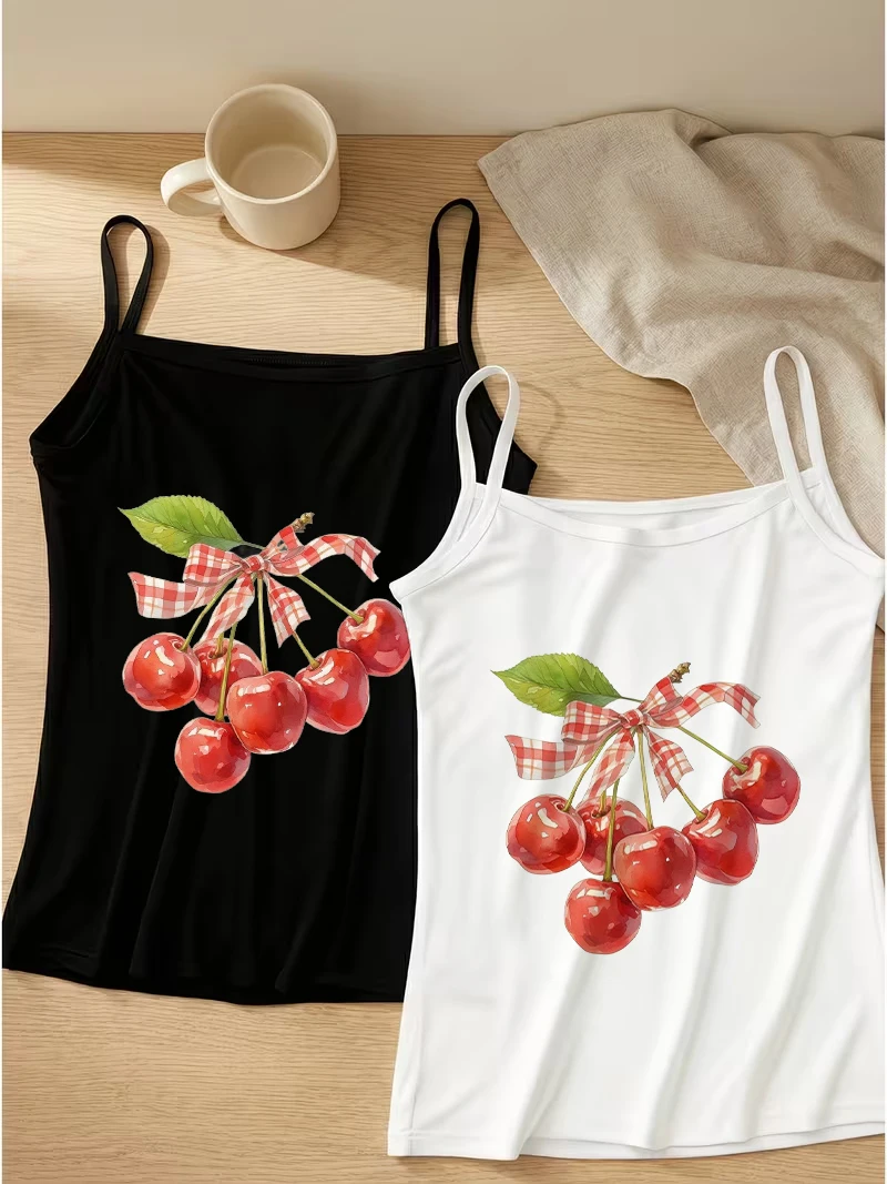 Women Cherry Tree Camisole Summer Tank Top Retro Ribbon Art Graphic Print Sleeveless Casual Tops for Club Party Top