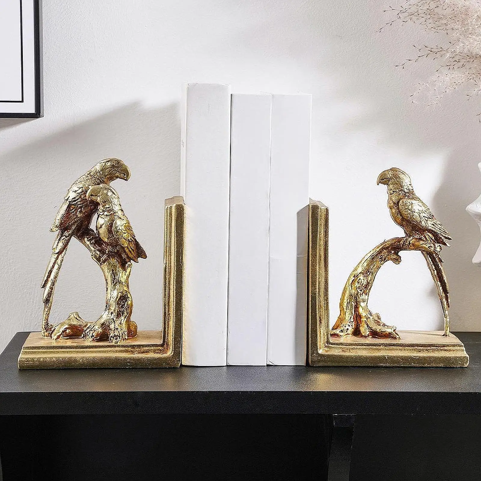 

Parrot Bookends Home Decor Creative Decorative Ideal Gift Gold Resin Book Stoppers Retro for Home Living Room Cabinet Shelf Desk