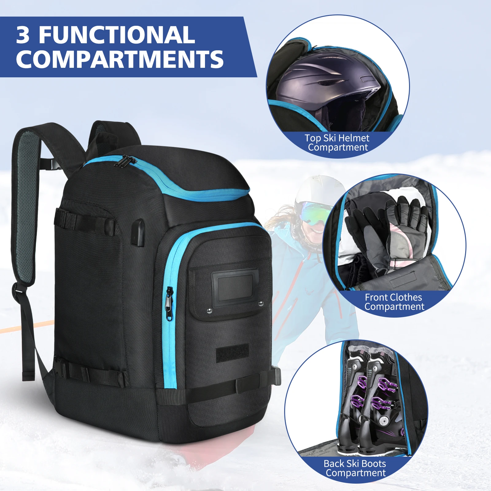 Waterproof Large Capacity Ski Backpack Unisex Outdoor Sports Storage Bag for Skis Snowboard Goggles Jacket Gloves Helmet