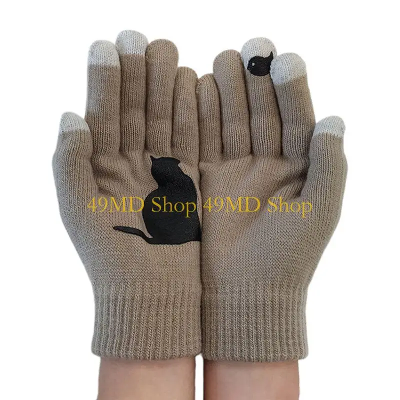 49MD Womens Winter Acrylic Knitted Touchscreen Gloves Funny for Creative Cartoon for Cat Bird Irregular Patchwork for Palm Ski