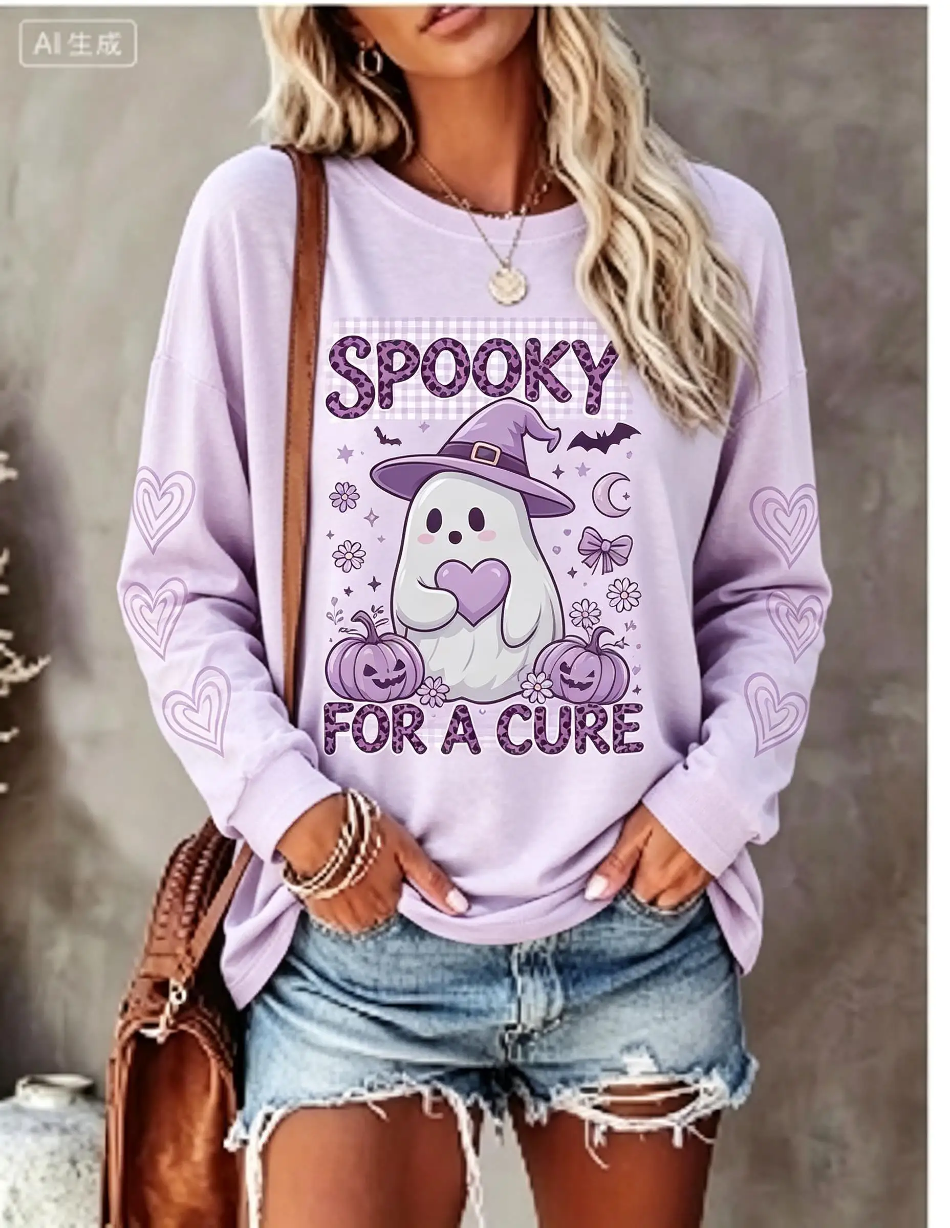 Women Halloween Long Sleeve T‑Shirt Spooky Ghost Witch Hat Pumpkin Heart Moon Print Crew Neck Tops