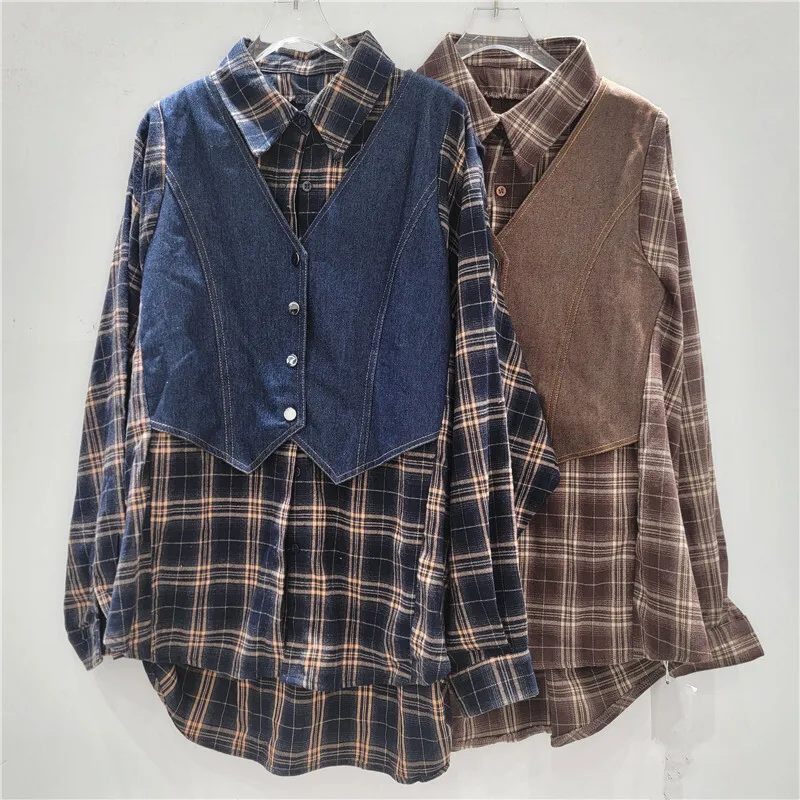 HKSH Autumn Winter New Women Shirt Fake Two-Piece Turn-Down Collar Long Sleeve Plaid Spliced Contrast Color Stylish Tops HK10042