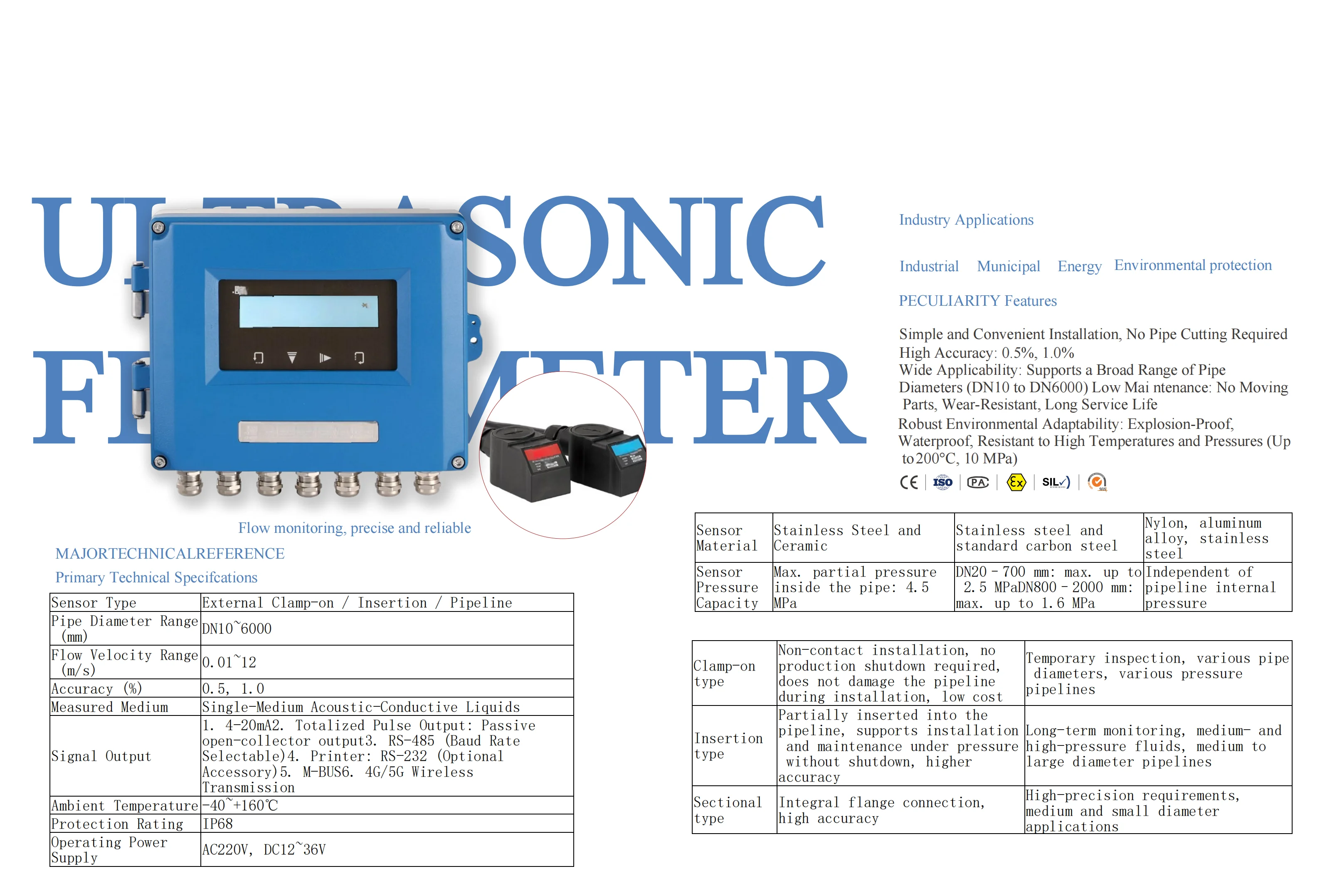 Explosion Proof Stainless Steel Ultrasonic Flow Meter Flange Type Industrial Liquid Flowmeter for Oil Gas Pipeline OEM