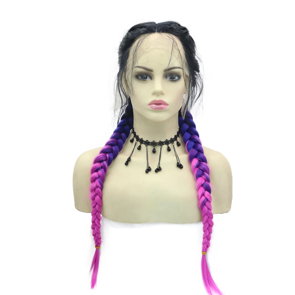 Syla-pelucas largas trenzadas Drag Queen para mujer, pelucas delanteras de encaje sintético, Color negro y morado, 2 tonos, cabello Natural de alta temperatura