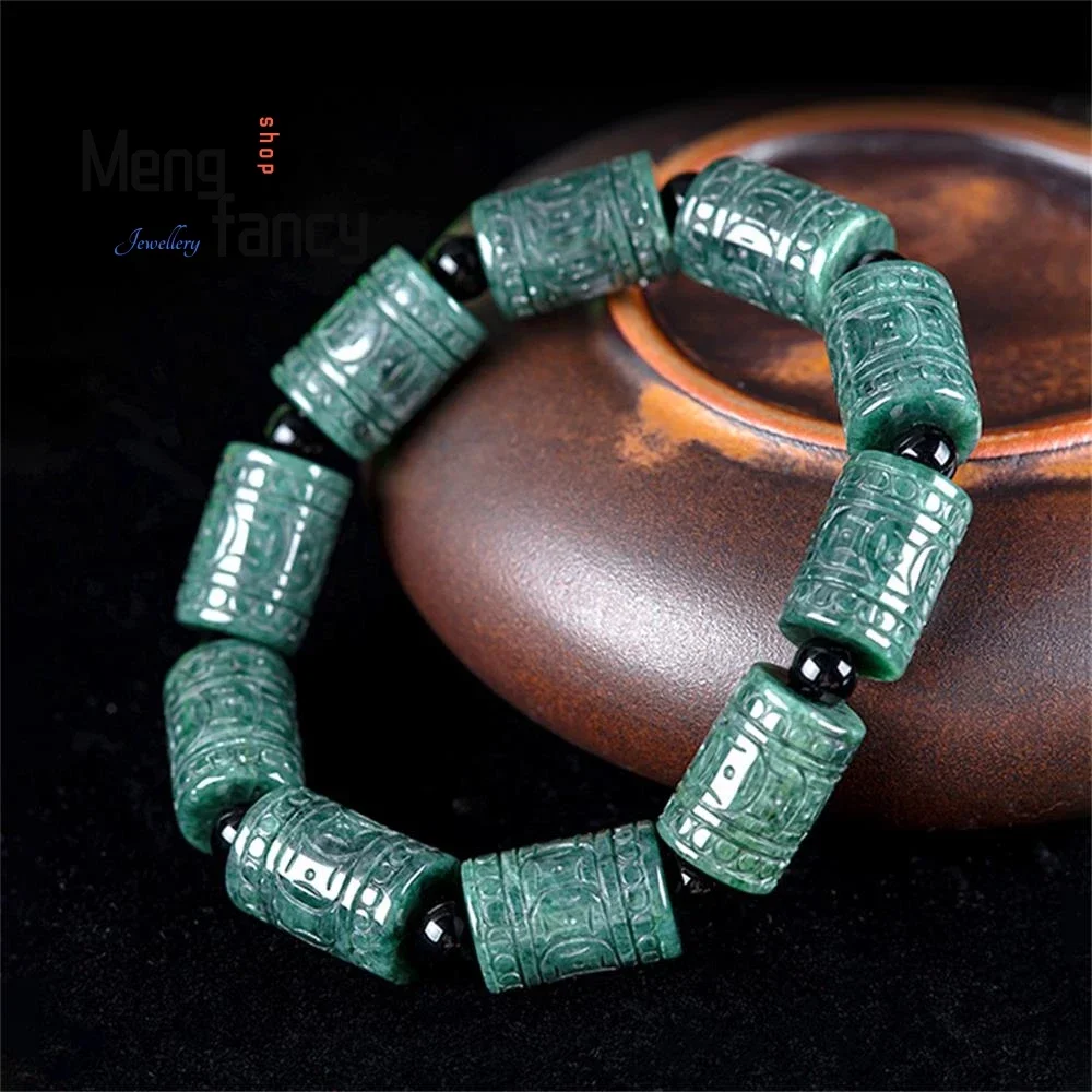 Natural Myanmar A-grade Jadeite Oil Green Engraved Flower Barrel Beads Lutong Ice Jade Beads Strings Bracelet Fashion Jewelry