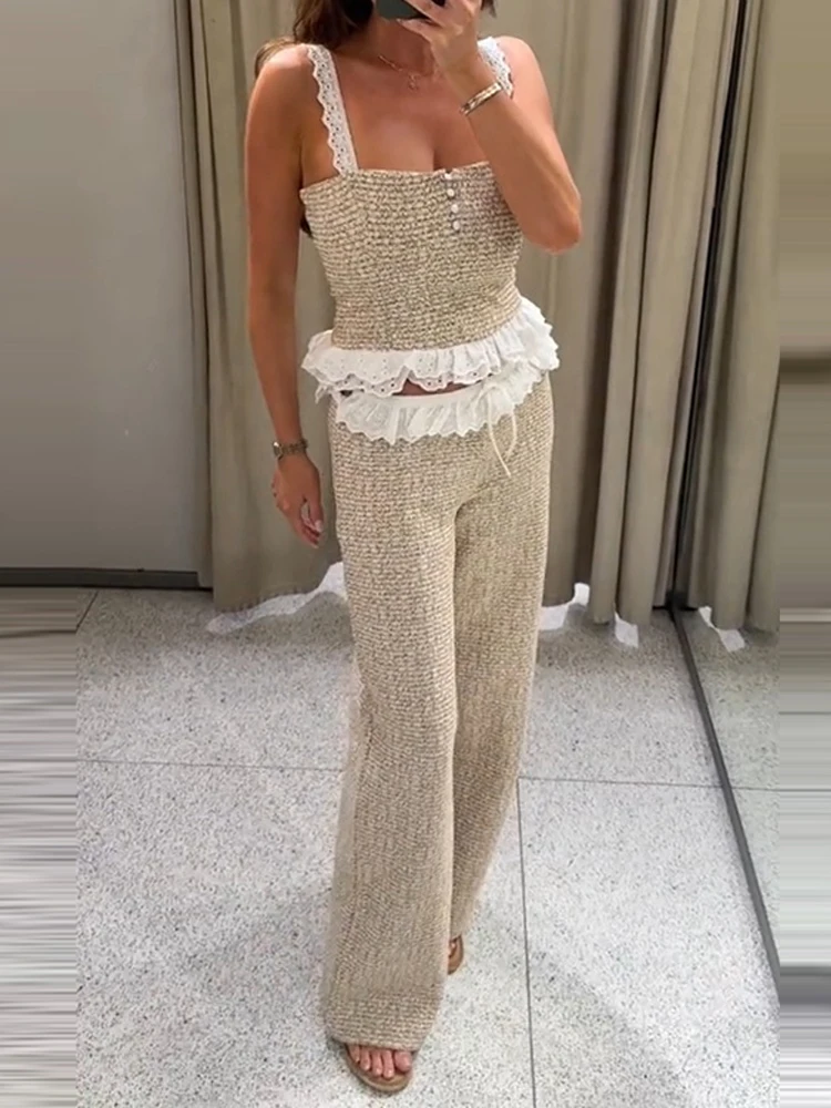 

Sexy Lace Splice Backless Beach Outfit Fashion Solid Off Shoulder Sleeveless Slim Suit Elegant Texture Layered Top+Pants 2pc Set