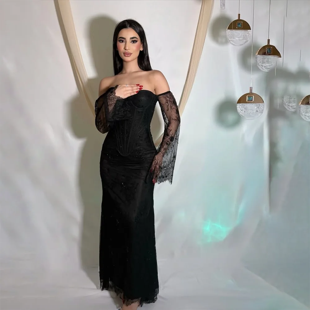 

Black Prom Dress with Sleeves Elegant Strapless Mermaid Evening Gowns Corset Lace-up Back Ankle Length Party Dresses Customized