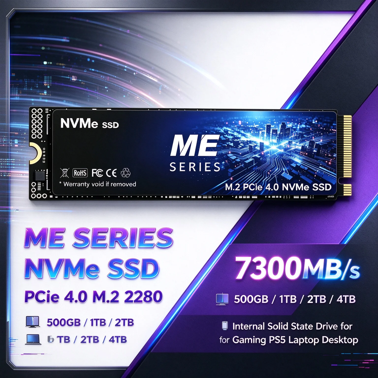 ME Series 1TB 2TB 4TB Capacity Upgrade 7300MB/s Read PCIe 4.0 NVMe M.2 SSD Gaming Laptop, Desktop Computer PS5 Console