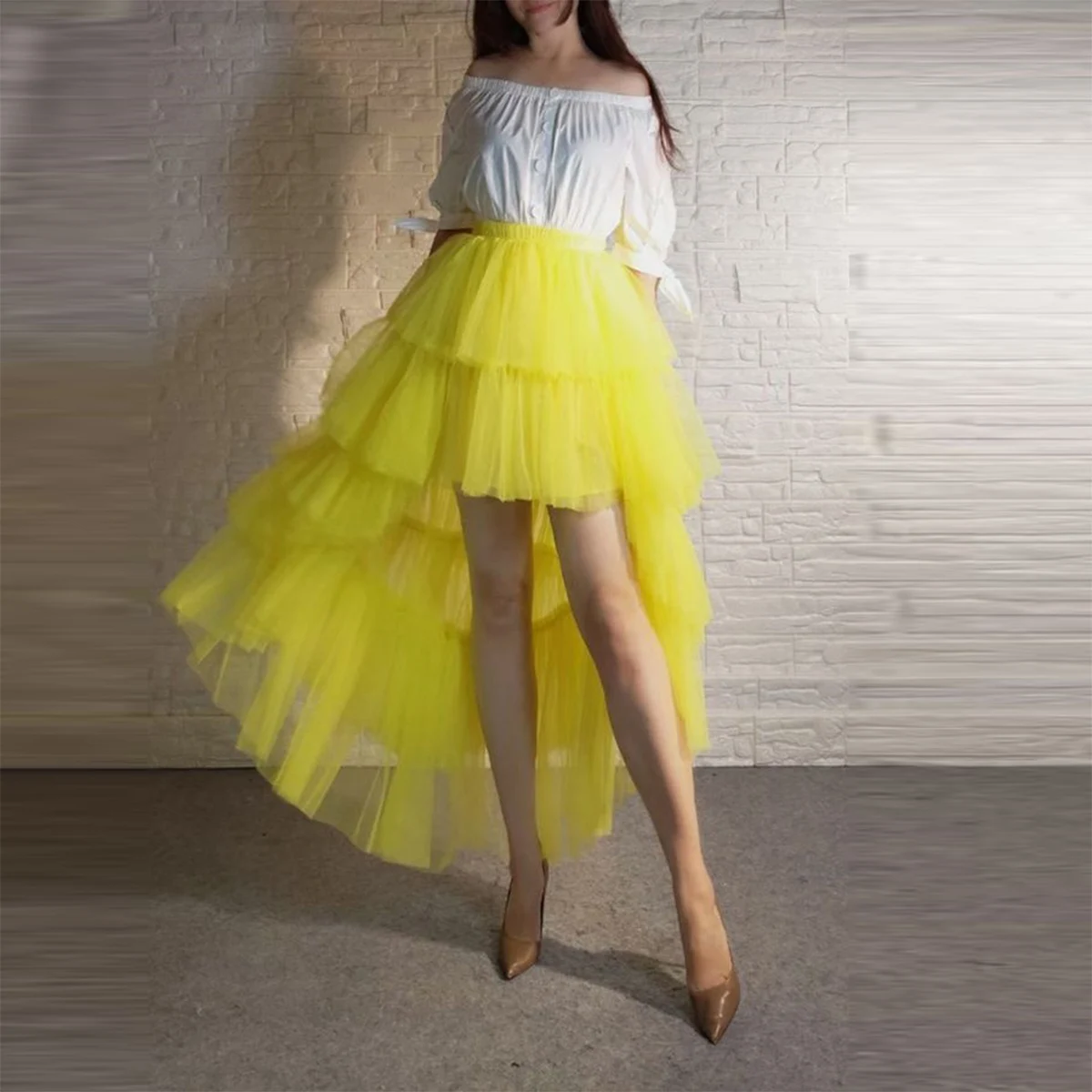 

Fashion Women Hi Low Puffy Tutu Skirts High Waist Lush Tiered Tulle Ruffle Formal Party Long Skirt Custom Made Any Color Size