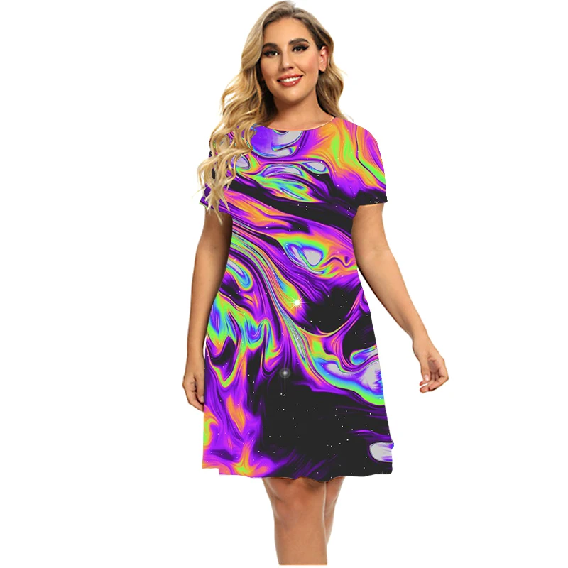 Women Colorful Tie Dye Abstract Dresses Summer Casual Loose Mini Dress Fashion New Pattern 3D Print Short Sleeve Plus Size Dress