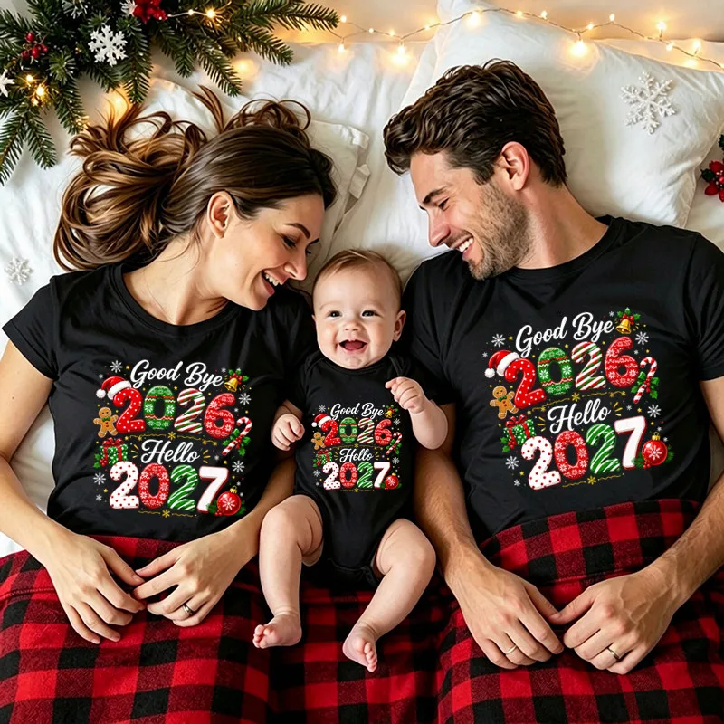 Family Matching Outfit Good Bye 2026 Hello 2027 Black T-shirt Mom Dad Baby Matching Tees New Year Eve Party Family Clothes