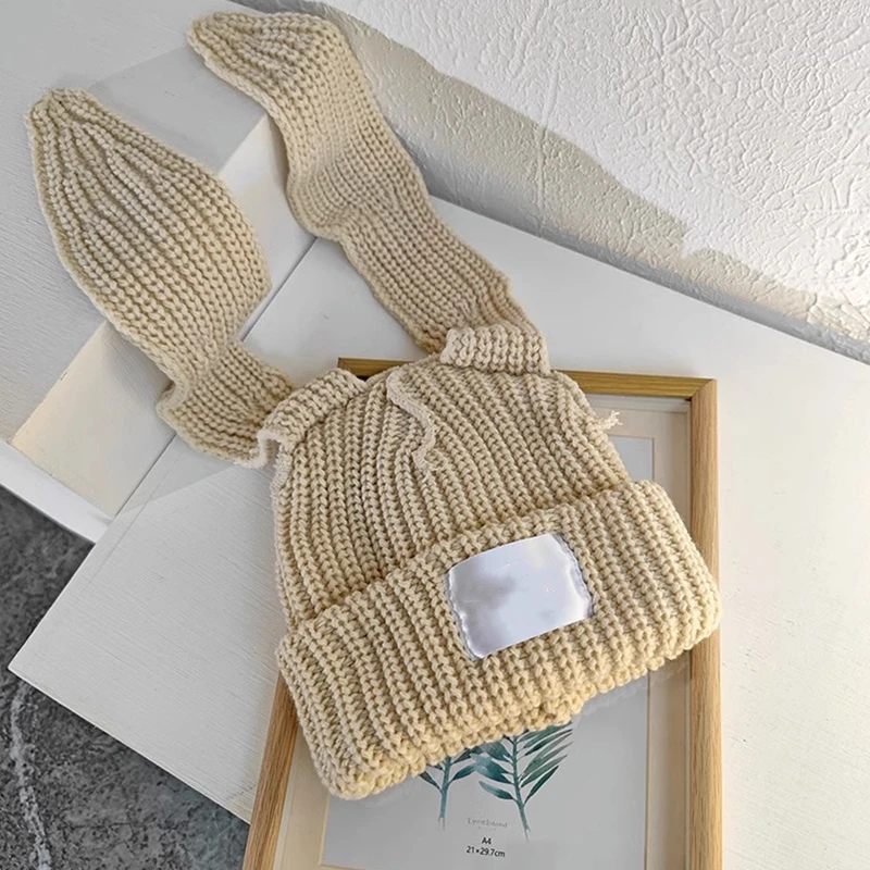 Cute Long Ears Rabbit Knitted Hat Men Women Rabbit Ear Warm Crochet Beanies Kpop Stray Hip Hop Hat Woman Winter Skullies Cap