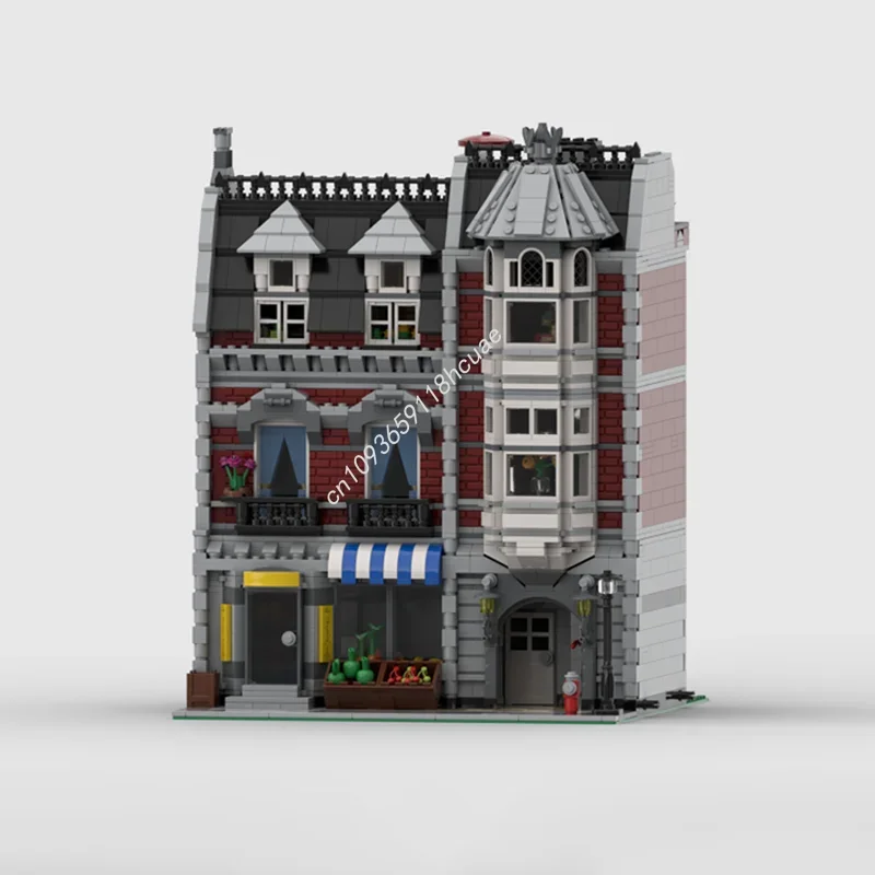 MOC Custom Modular Building Dark Red Green Grocer Street View Model Building Block Diy Creative Assembly Bricks Kid Gift Toys