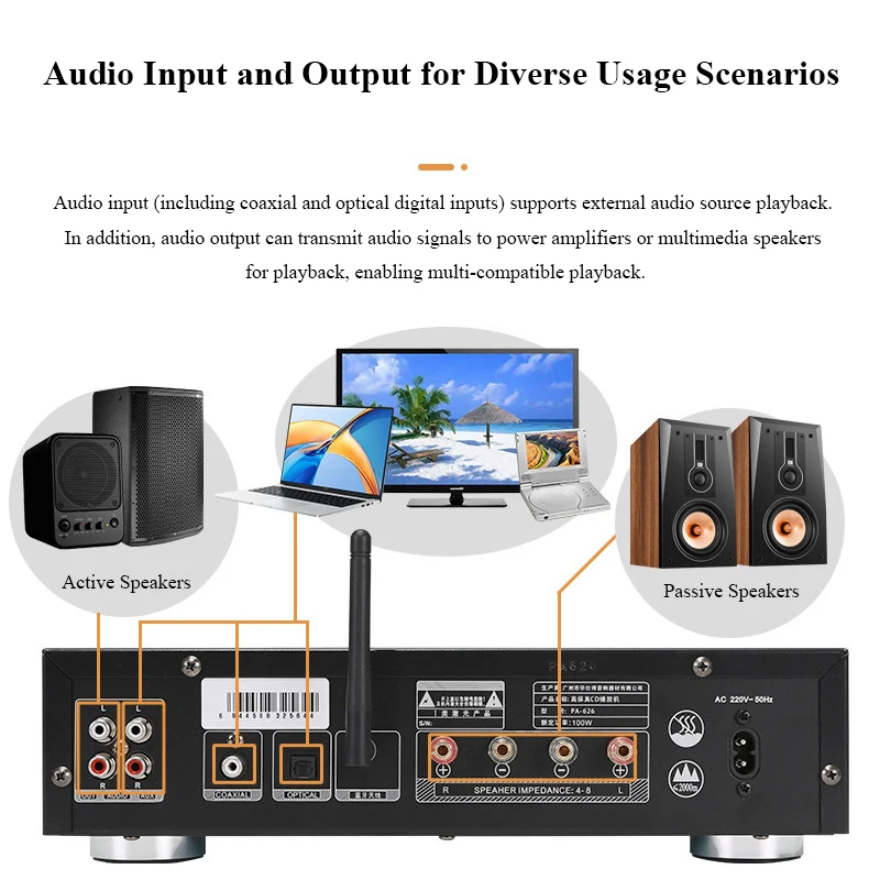 Multifunctional  CD Power Amplifier 50W*2 Output Power Bluetooth 5.2 Bass and Treble Adjustment All-in-One HIFI CD Player