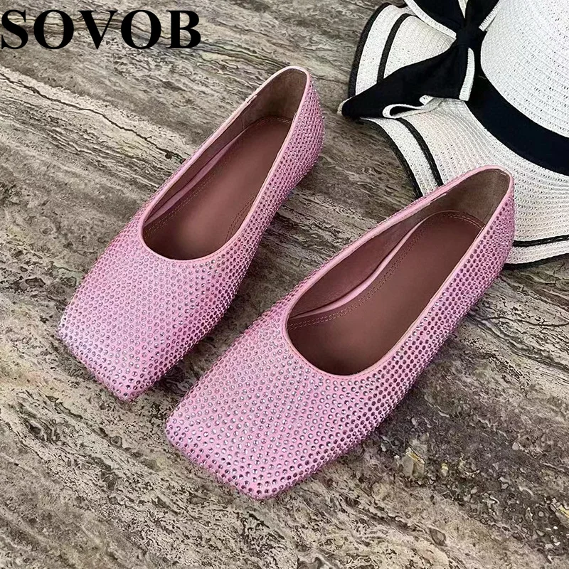 

Spring Summer Bling Bling Rhinestone Decorative Square Toe Flat Shoes Women Shallow Mouth Retro Loafers Daily Casual Bean Shoes