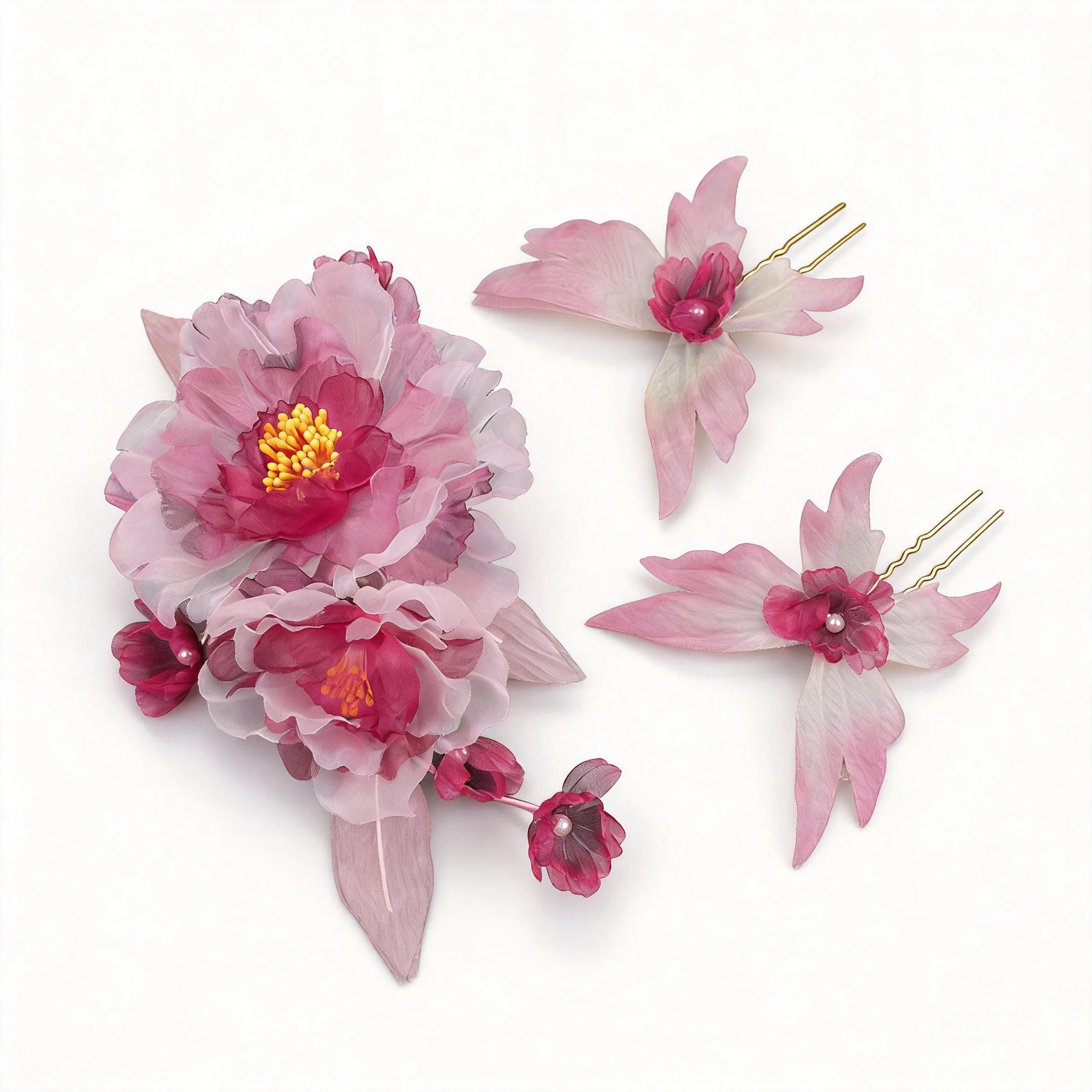 2026 New Chinese Style Gradient Peony Silk Flower Hair Clips 3 Pcs Set Traditional Hanfu Hair Accessories Handmade Artificial