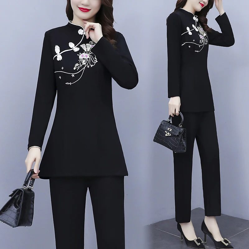 Womens Two Peice Sets Autumn New Embroidered Improved Cheongsam Slim Suit