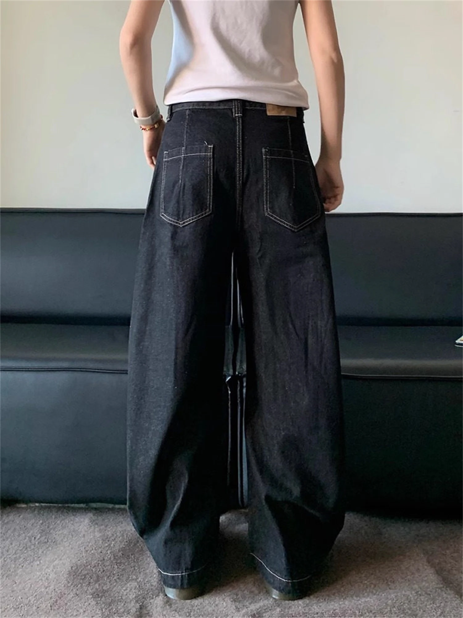 Women's High Waisted Baggy Wide Leg Jeans Dark Washed Contrast Stitching Multi Button Fly Vintage Casual Denim Pants