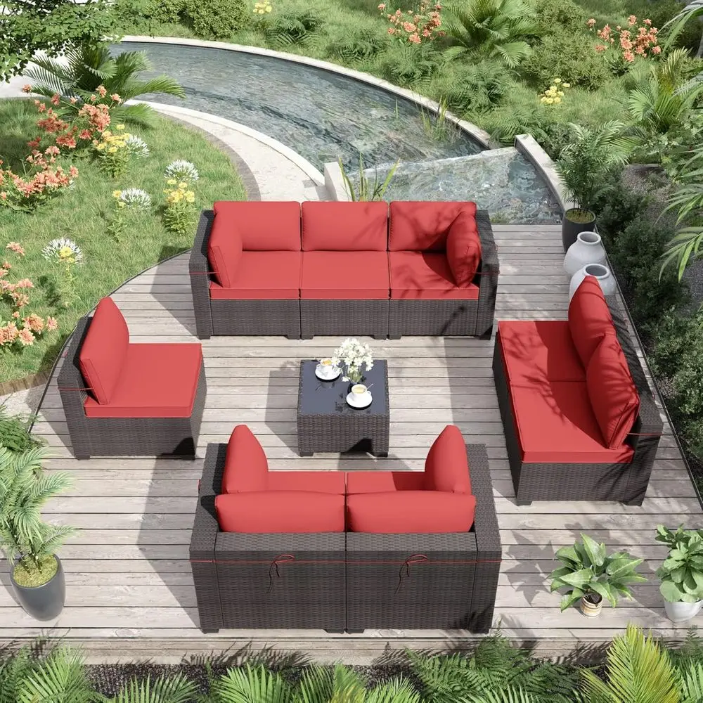 

9-Piece Outdoor Wicker Sectional Patio Furniture Set with 4 Sofas, Coffee Table, and Washable Cushions - Red