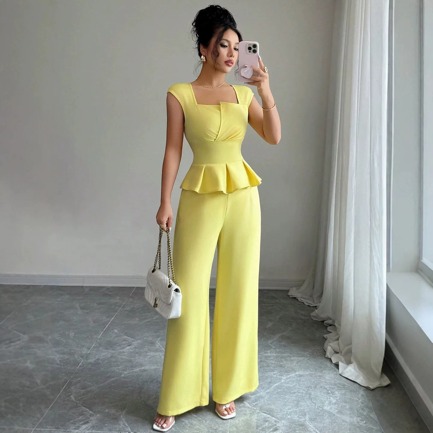 

2026 Summer New Square Neck Ruffle Set: Waist-cinching Sleeveless Top And Wide-leg Pants Two-piece Set Luxury Sexy Party Y2k、