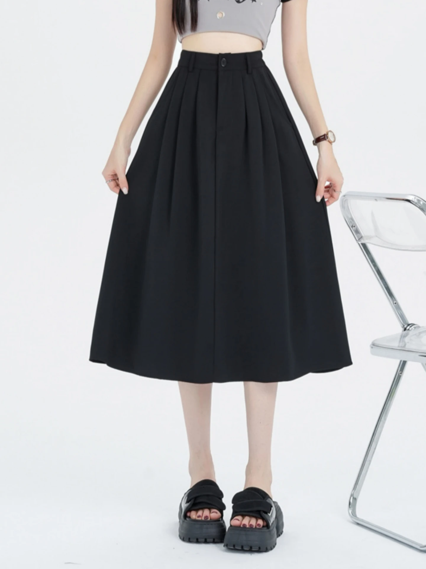 High Waist A-Line Pleated Midi Skirt Women's Summer 2026 plus Size Slimming for Pear Shaped Body Korean Style Commute Friendly