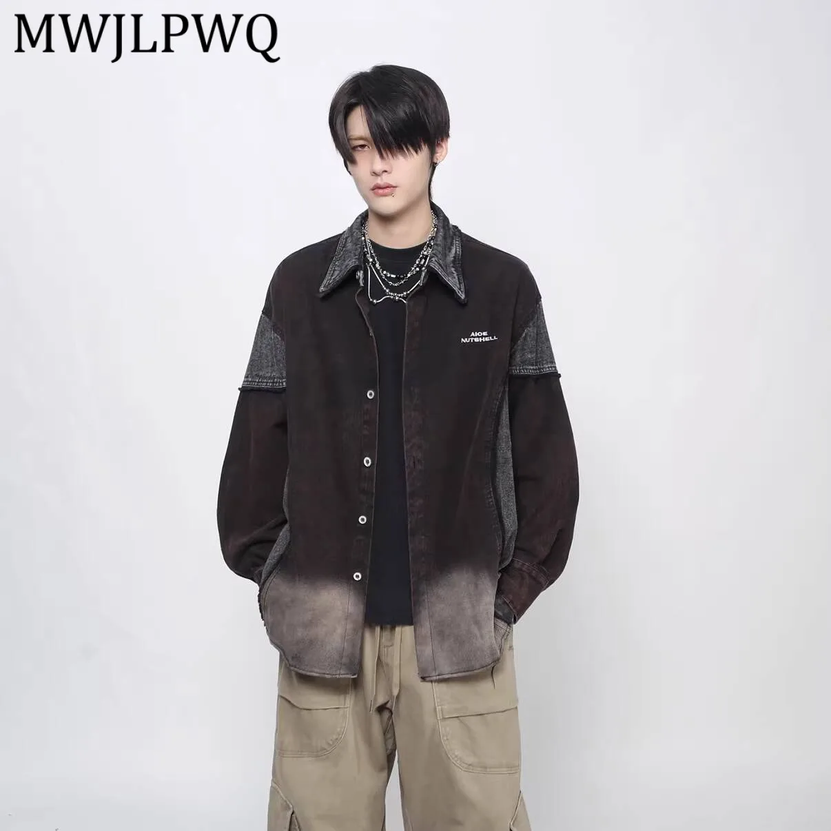 

Мужская джинсовая куртка MWJLPWQ в стиле пэчворк с эффектом потертости, цветными блоками, длинными рукавами, стильная, в американском стиле, с эффектом потертости, модель 13651