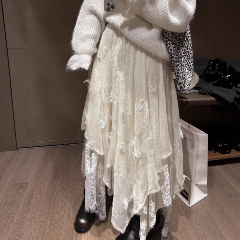 2026 Spring/Summer New Heavy Industry Embroidery Bow Irregular Large Skirt Lace Knitted Half Skirt for Women