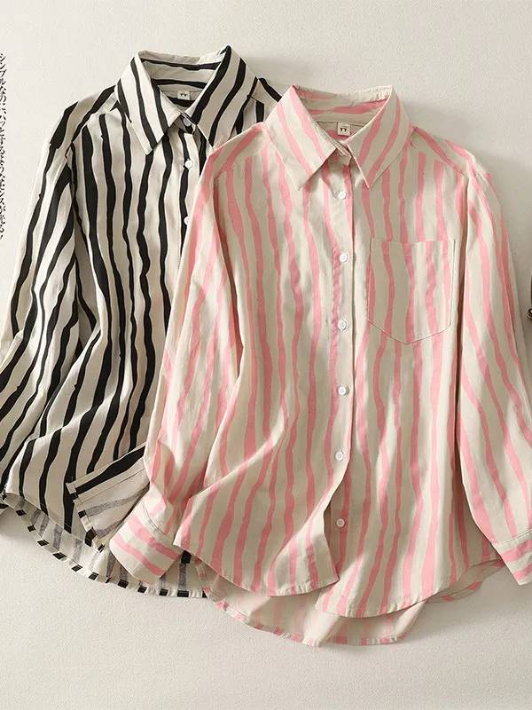 

High-End Vertical Striped Casual Sle Women's irt Spring Faion Slimming Cardigan Top Trendy Cotton Long Sve Blouse