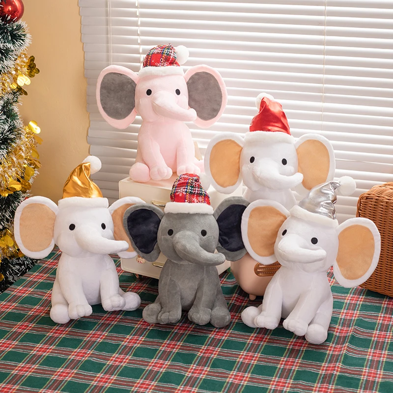 Éléphant de dessin animé câlin assis moelleux, chapeau de père Noël au beurre, jouets en peluche de Noël, décor de fête à la maison doux, cadeau mignon