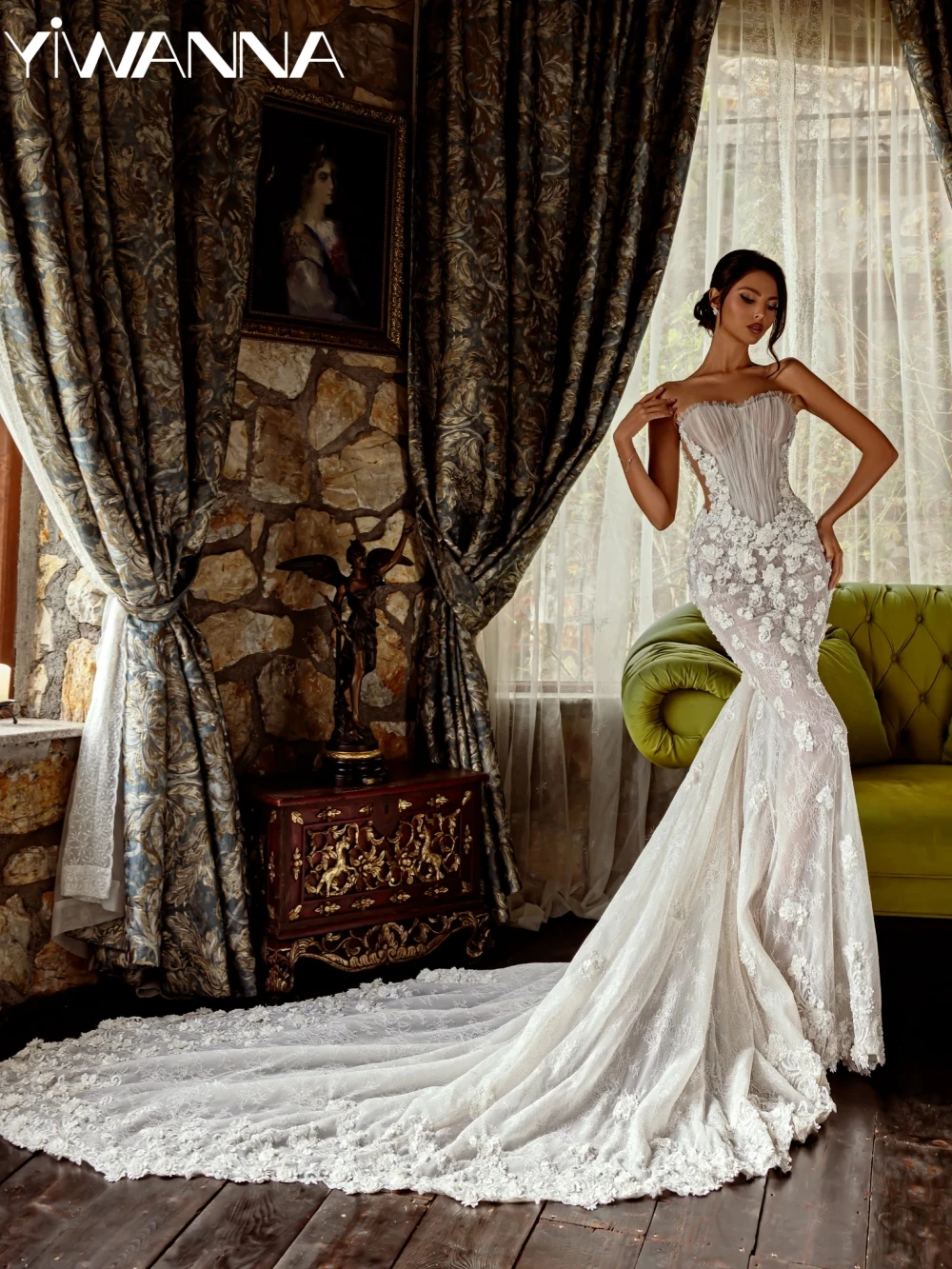 

Charming 3D Flower Lace Mermaid Long Wedding Dress Illusion Strapless Bridal Gown New Customized Luxury Dresses For Bride