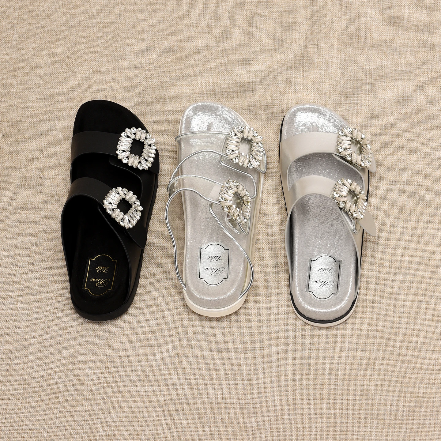 New Women's Casual One-Strap Sandals Summer Outdoor Wear Diamond-Encrusted Double Strap Beachy Flat Heel Slip-On Shoes