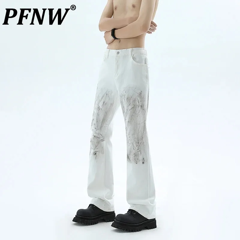 PFNW Men Smear Dirty Inkjet Stretch Jeans Contrast Color Design Male High Street Bell-bottoms 2024 Summer New Tide 28W3712