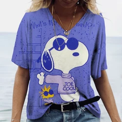 Women V-Neck T-Shirts Snoopy cartoon Casual Summer Pullover Loose Short Sleeves Oversized Tee Shirt Female Fashion Clothing