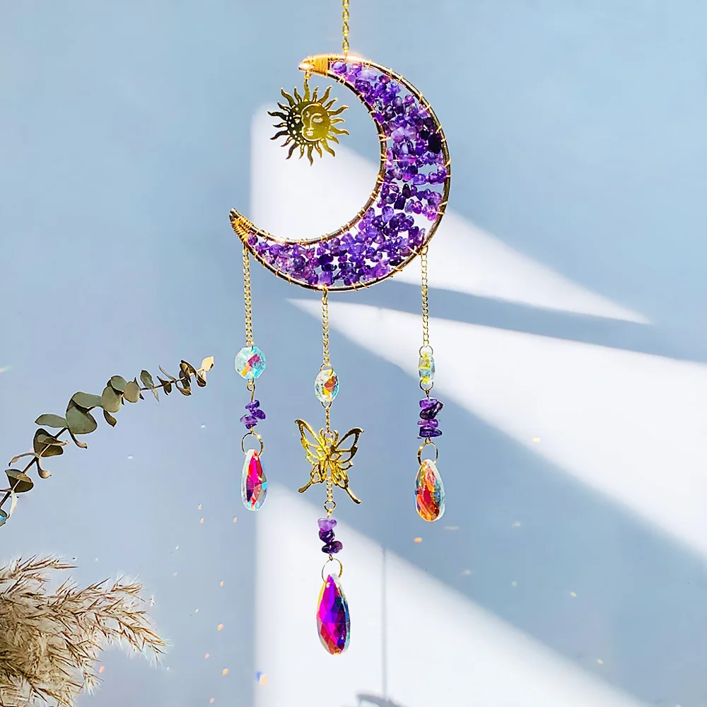 Custom Amethyst Chip Stone Sun Moon Butterfly Crescent Moon Sun Catcher - Glass Pendants Hanging Ornament for Window Decor