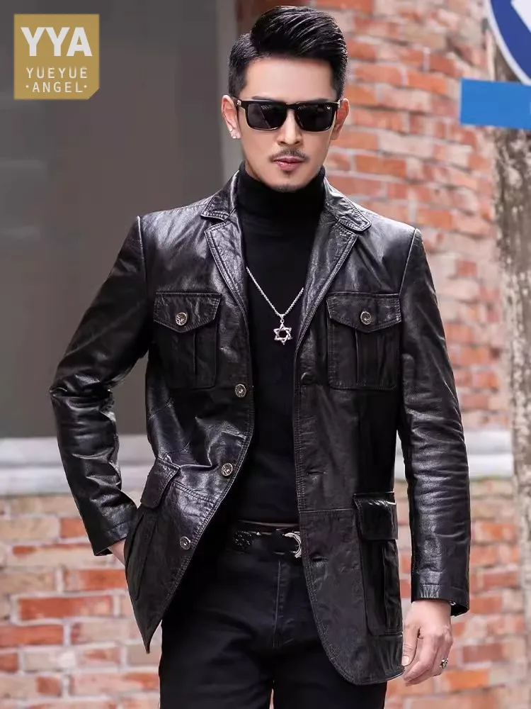 Fashion Men Oil Wax Cowhide Genuine Leather Jacket Slim Fit Single Breasted Business Work Blazer Suit Coat Multi Pockets Outwear